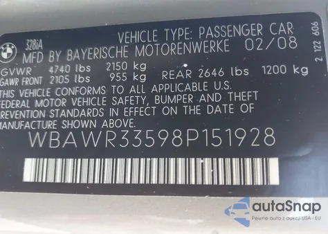 2008 BMW 328I z USA, uszkodzony, nr VIN WBAWR33598P151928
